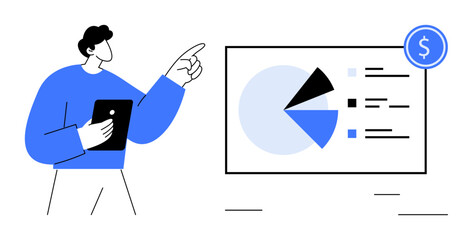 Professional presenting pie chart on screen with financial metrics. Ideal for finance, analytics, data visualization, presentations, business growth, strategy planning, flat simple metaphor