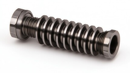 A sleek, metal rod with spiral grooves, showcasing precision engineering and industrial design, typically used as a component in machinery.