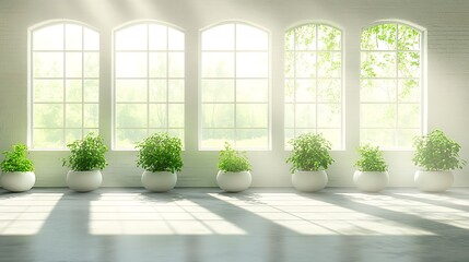 Sunlit room with plants and arched windows.