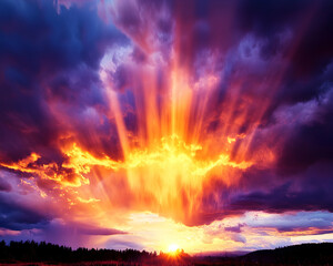 Naklejka premium Vibrant sunset with dramatic clouds and radiant sunbeams