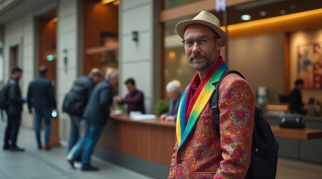 Um homem LGBT no hall de um hotel.