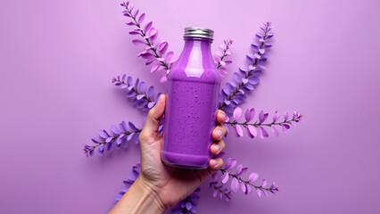 Vibrant Purple Smoothie Bottle Held by a Natural Hand Against a Soft Pastel Purple Background - Generative AI