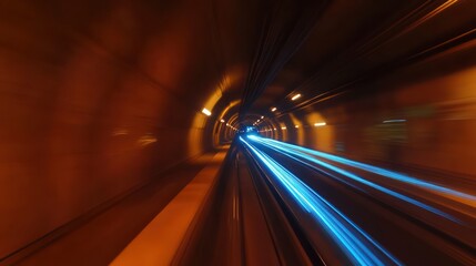 Obraz premium Speeding train in tunnel, lights blur, motion, travel
