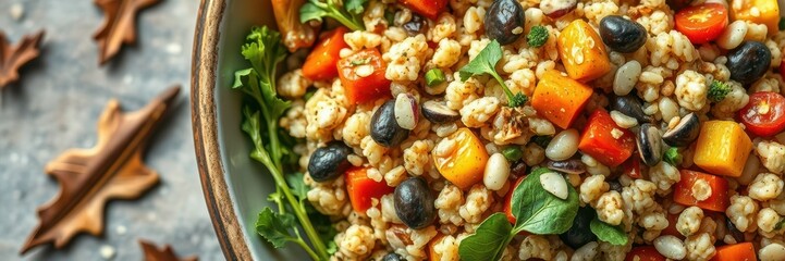 Colorful barley salad with black beans and peppers prepared in a rustic bowl during autumn
