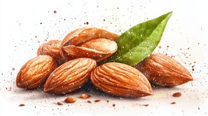 Watercolor illustration depicts a pile of almonds with a leaf