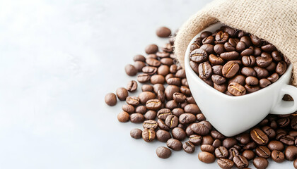 Fototapeta premium White cup overflowing with roasted coffee beans spilling onto a light surface from a burlap sack