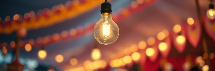 Beautifully lit string lights hanging at a festive outdoor celebration in the evening