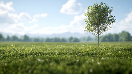 Obraz premium Lone Tree Stands In Lush Green Field Under Bright Blue Sky Sunlight Filtering Through Branches