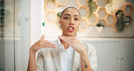 Portrait, video call and woman receptionist in hotel for introduction, virtual tour or welcome....