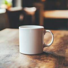 Empty white mug on wooden table in a cafe