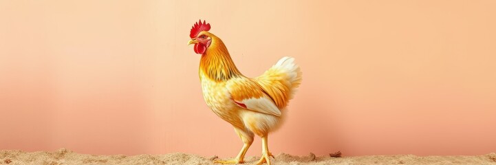 Fototapeta premium Brightly colored rooster walking on sandy ground in a warm, neutral setting during daylight hours