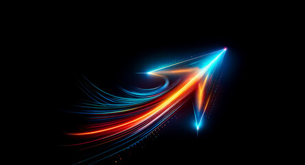 A vibrant blue and orange light streaks form a glowing arrow pointing upwards and right on a dark backdrop, conveying motion and direction.