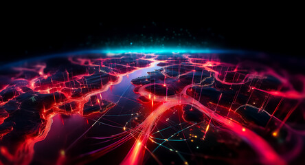 Obraz premium Glowing network of red and blue lines on a dark globe, resembling a digital earth or futuristic planet in space. Abstract lines create a sense of connection and technology.