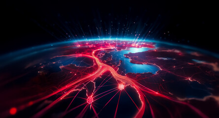 Obraz premium A glowing red network spreads across the Earth, emanating light into the dark space above. Connections illuminate the planet in a web of vibrant energy.