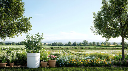 Obraz premium Bright Colorful Flower Field Landscape With Trees And Pots