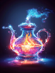 Magical glass teapot with vibrant flames and sparkling particles