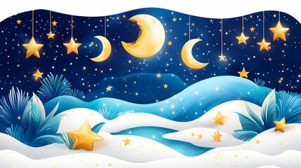 Magical nighttime scene with golden stars and moons hanging over a snowy landscape