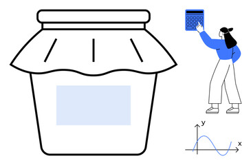 Large jar design paired with woman holding a calculator and a graph with plotted data trends. Ideal for analysis, finance, computation, food concepts, research, statistics, productivity, flat simple