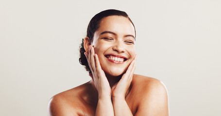 Smile, girl and pride for skincare in studio with natural beauty, facial treatment and dermatology...