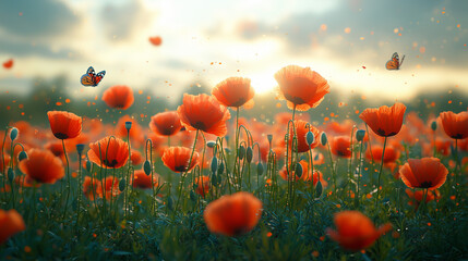 Obraz premium Champ de coquelicots en fleurs sous la lumière dorée du printemps