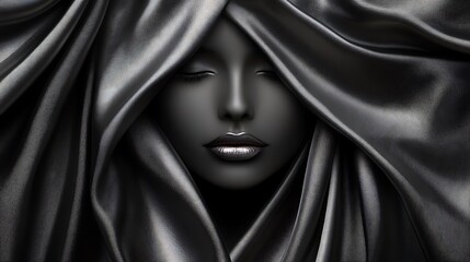 Naklejka premium digital artwork featuring a monochromatic, surreal style depicts a face emerging from behind draped, glossy black fabric creates a dramatic, flowing effect, framing the face symmetrically
