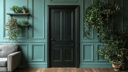 Elegant Teal Room with Black Door and Lush Greenery
