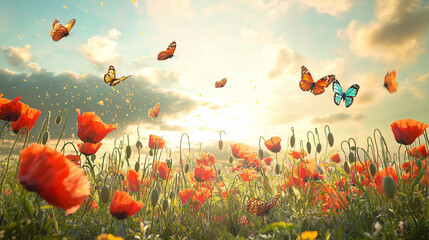 Obraz premium Champ de coquelicots en fleurs sous la lumière dorée du printemps