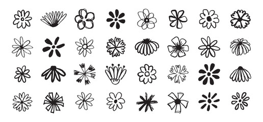 Flowers grunge brush doodle blossom icons set. Flowers Scribble ink hand drawn brush. Chamomile flowers markers crayons icons 