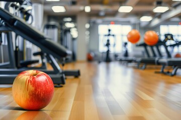 Apple on gym floor: promoting healthy choices and nutrition after a workout session