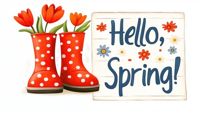Red polka dot rain boots with red tulips in them stand near wooden sign hello, spring