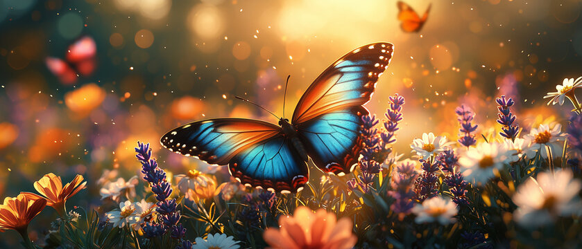 Papillons color&eacute;s au-dessus d&rsquo;un champ de fleurs sauvages ensoleill&eacute;