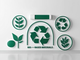 BCG bioeconomy concept. A minimalist design featuring green symbols representing bio-based materials, recycling, and nature, emphasizing sustainability and environmental consciousness.