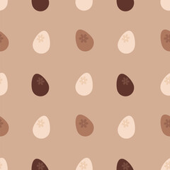 Chocolate eggs seamless pattern. Happy Easter. Easter sweets .Chocolate candies in the shape of eggs made of white, milk, and dark chocolate. Seamless pattern on a light background.
