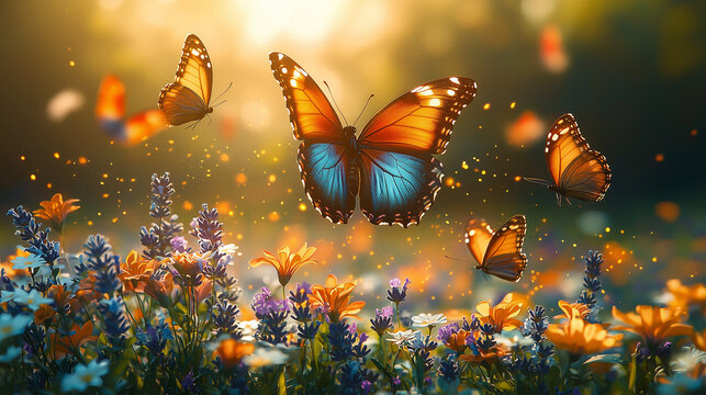 Papillons color&eacute;s au-dessus d&rsquo;un champ de fleurs sauvages ensoleill&eacute;