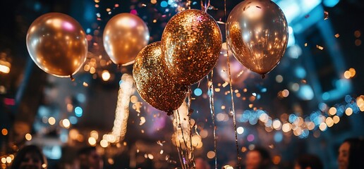 Festive occasion with glistering golden balloons and falling confetti celebration