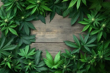 Artistic arrangement of cannabis leaves in a circular pattern on rustic wooden table emphasizing natural healing and wellness