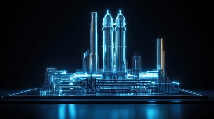 Futuristic digital factory model with glowing blue lines, showcasing industrial structures and infrastructure on a dark background.