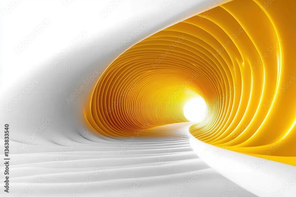 Poster Striking 3D tunnel design in vivid yellow with abstract elements creating a modern aesthetic in a minimalist setting