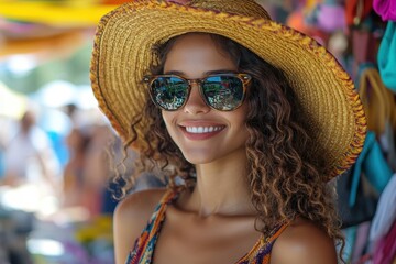 Woman enjoys vibrant market day with straw hat and sunglasses, capturing the cheerful essence of summer while exploring local produce and culture