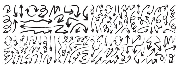 Doodle charcoal arrows set. Hand drawn line freehand curved lines, swirls drawing arrows. black chalk arrow smears.