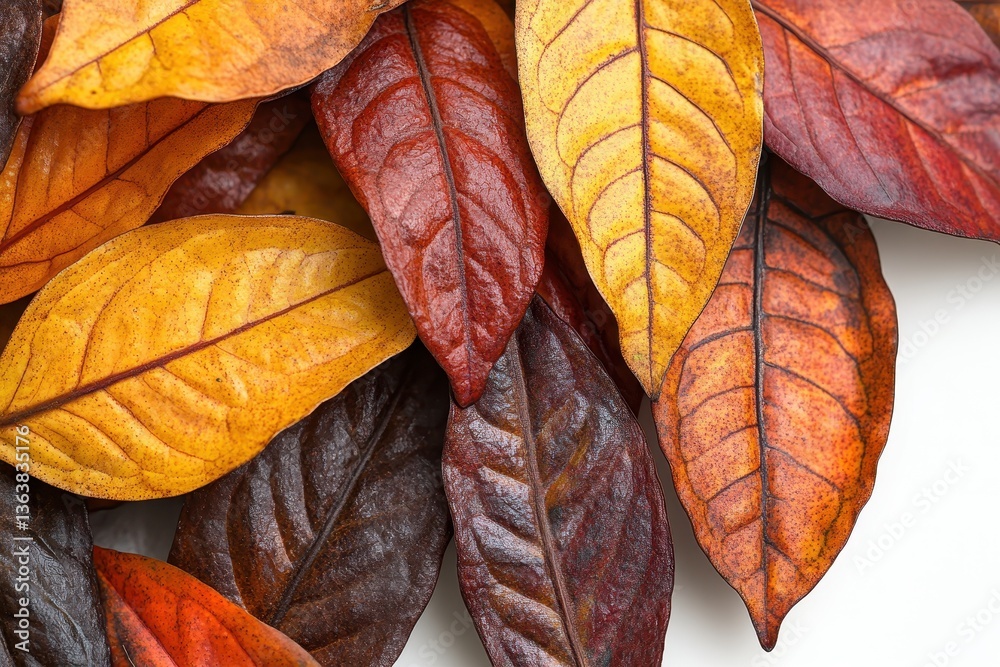 Poster Close-up view of isolated cocoa leaves showcasing vibrant colors and intricate textures against a clean white backdrop