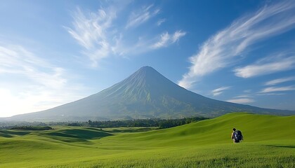 Solo hiker for volcanic landscape, sunrise.