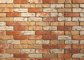 Fototapeta premium Closeup view of a rustic brick wall texture with various shades of red, orange, beige, and white bricks