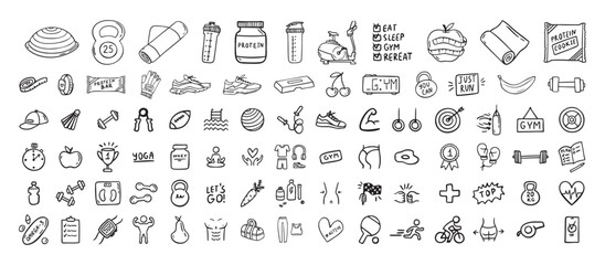 Plakat Fitness, sport and health icons doodle hand drawn set. Healthy lifestyle isolated symbols