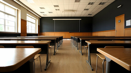 Fototapeta premium Empty Classroom Interior With Rows Of Wooden Desks Black Board And Natural Light Through Windows
