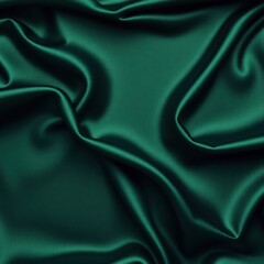Fototapeta premium Dark green silk satin background. Beautiful soft folds on the smooth surface of the fabric. Luxury background with copy space for design. Wide banner. Top view. Flat lay.