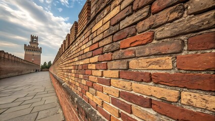Ancient Brick Wall Leading to Majestic Medieval Tower under a Cloudy Sky