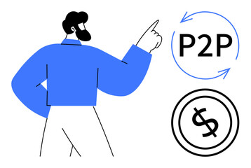 Bearded man pointing at P2P text surrounded by circular arrows and a dollar sign. Ideal for finance, peer-to-peer, economy, transactions, technology, digital money, collaboration. Flat simple