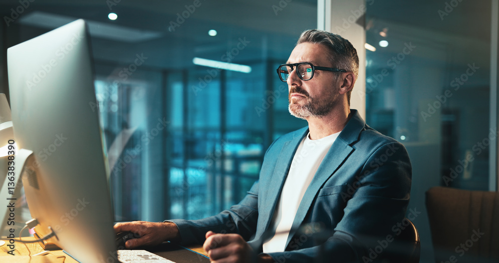 Aufkleber Man, programmer and glasses on computer at night for programming website, software update or deadline. Mature person, online and it with research for problem solving, system error and upgrade process