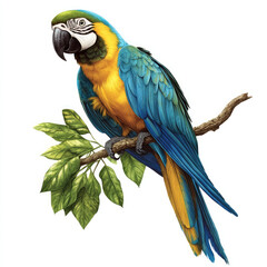 Fototapeta premium A majestic blue-and-gold macaw perched serenely on a branch, its vibrant plumage a spectacle against a crisp white background, showcasing detailed feather textures.